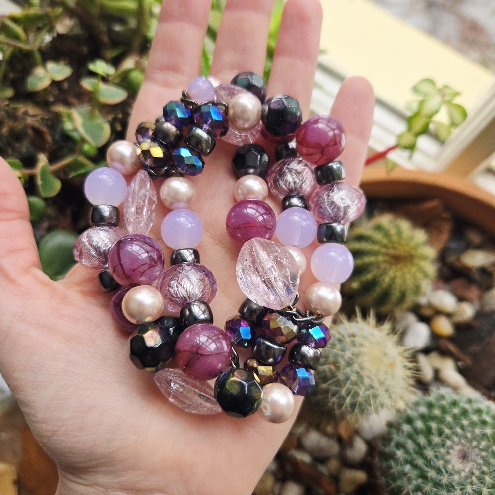 Vintage Purple & Pink Oversized Boho Bohemian Bead Layer Beaded Stretch Bracelet - Picture 4 of 11